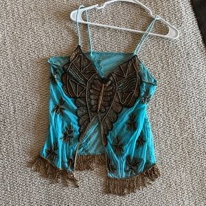 Embellished Teal and Brown Women's Top